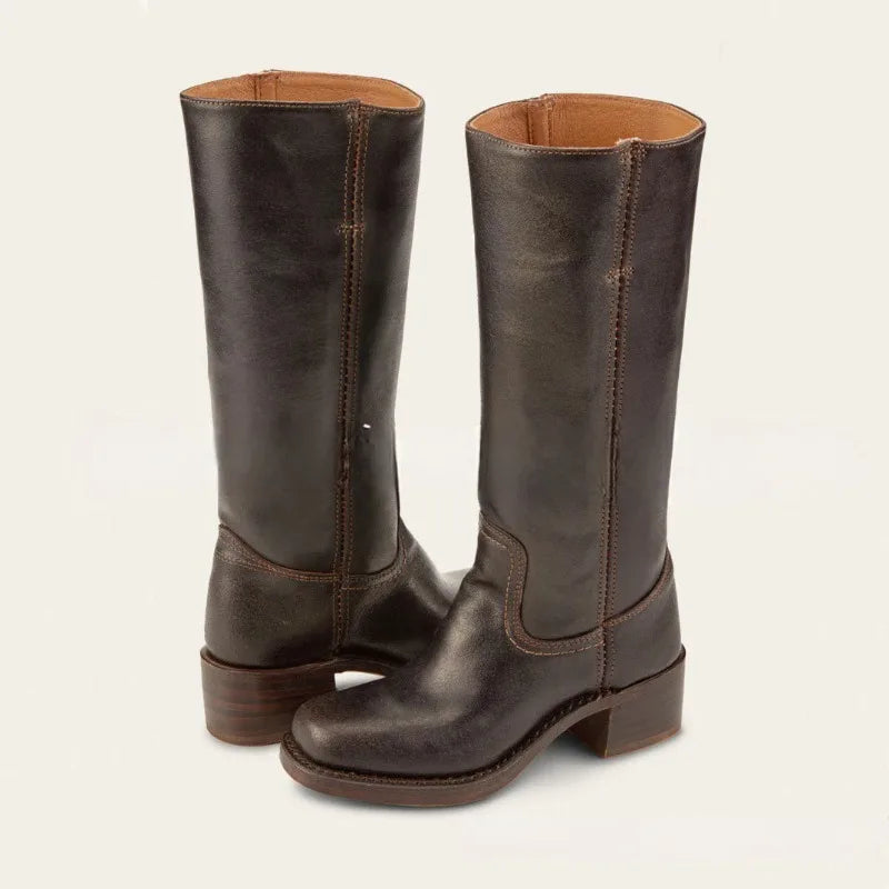 Amara Shoes Wide Calf Square Toe Knee High Cowboy Block Heel