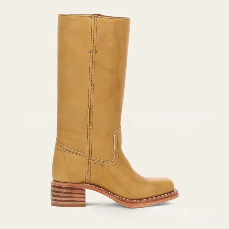 Amara Shoes Wide Calf Square Toe Knee High Cowboy Block Heel
