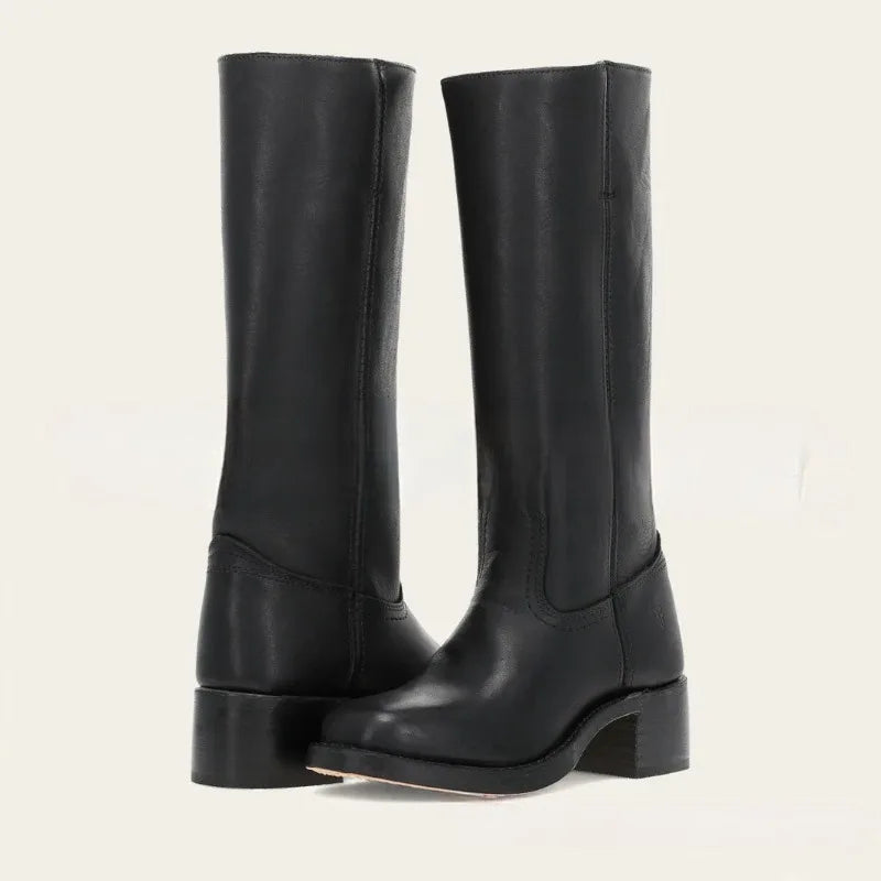 Amara Shoes Wide Calf Square Toe Knee High Cowboy Block Heel