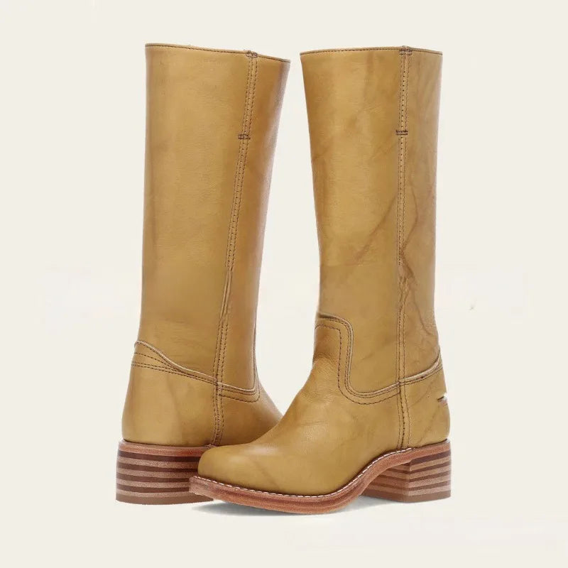 Amara Shoes Wide Calf Square Toe Knee High Cowboy Block Heel