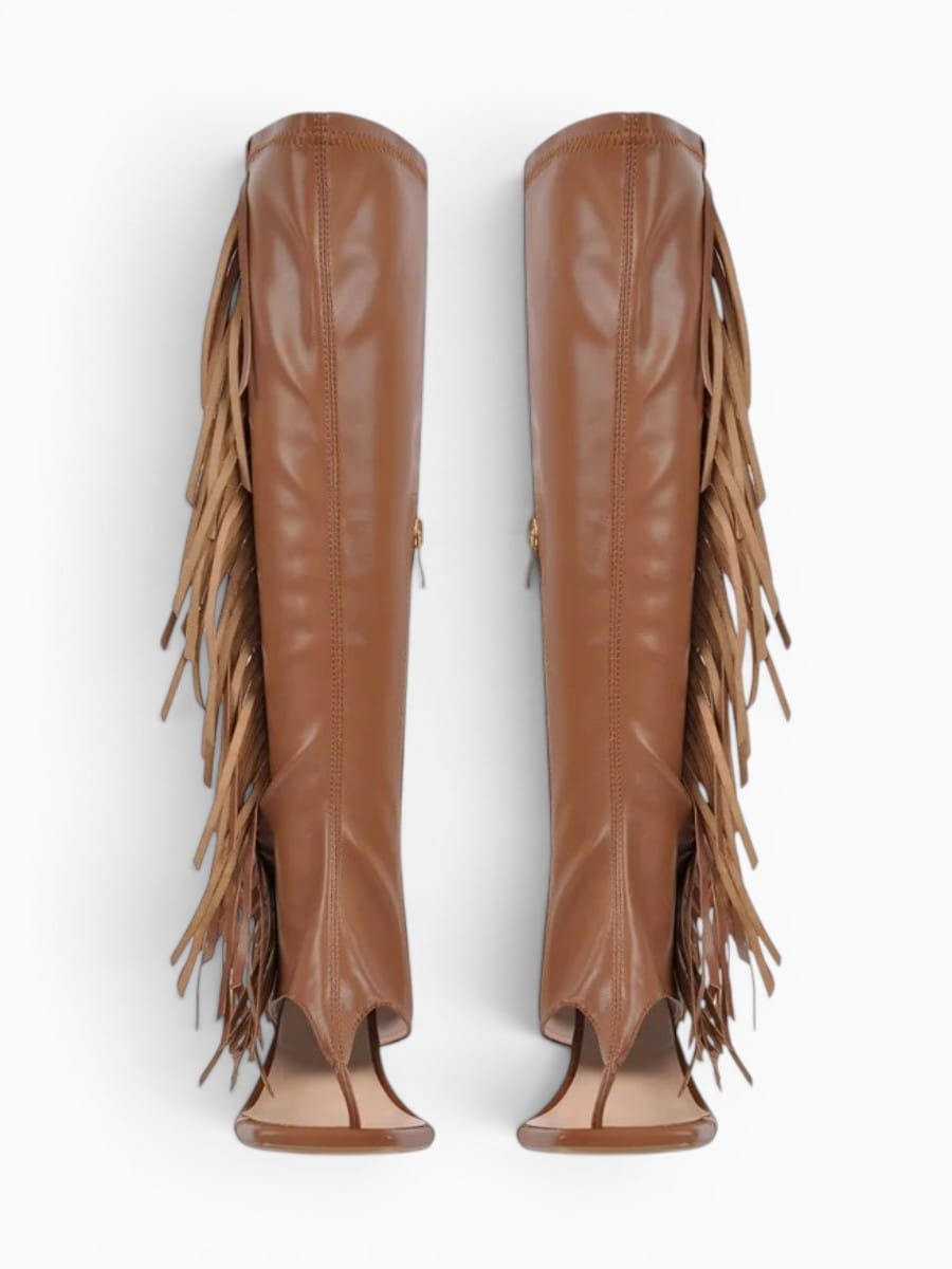 Amara Shoes Women Fringe Knee High Open Toe Heeled Boots