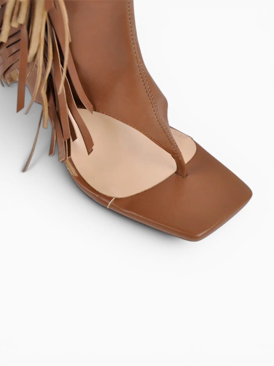 Amara Shoes Women Fringe Knee High Open Toe Heeled Boots