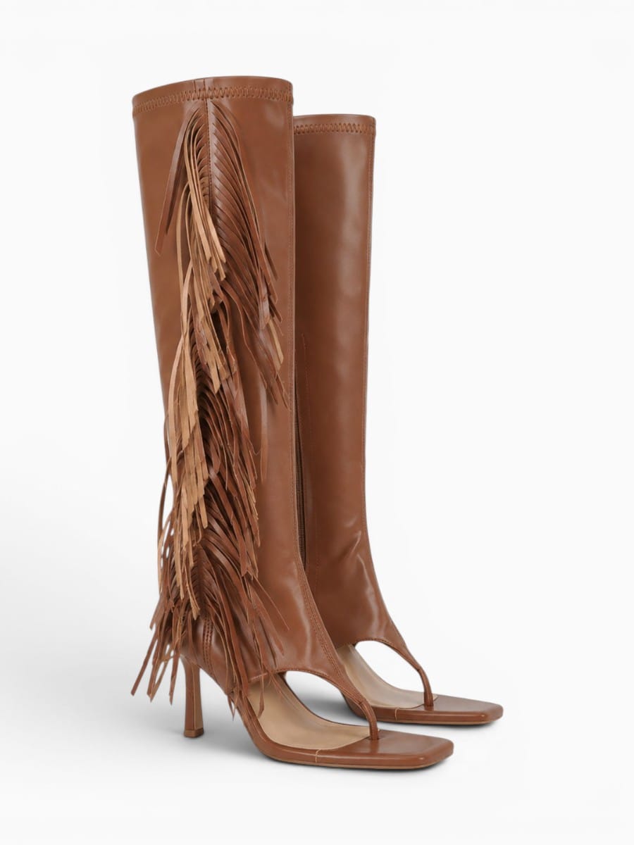 Amara Shoes Women Fringe Knee High Open Toe Heeled Boots