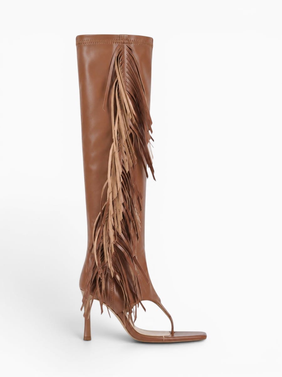 Amara Shoes Women Fringe Knee High Open Toe Heeled Boots