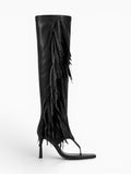 Amara Shoes Women Fringe Knee High Open Toe Heeled Boots