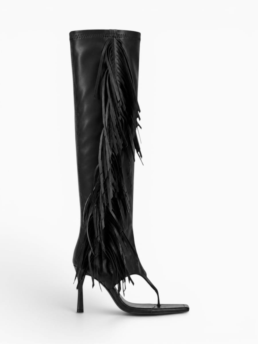 Amara Shoes Women Fringe Knee High Open Toe Heeled Boots