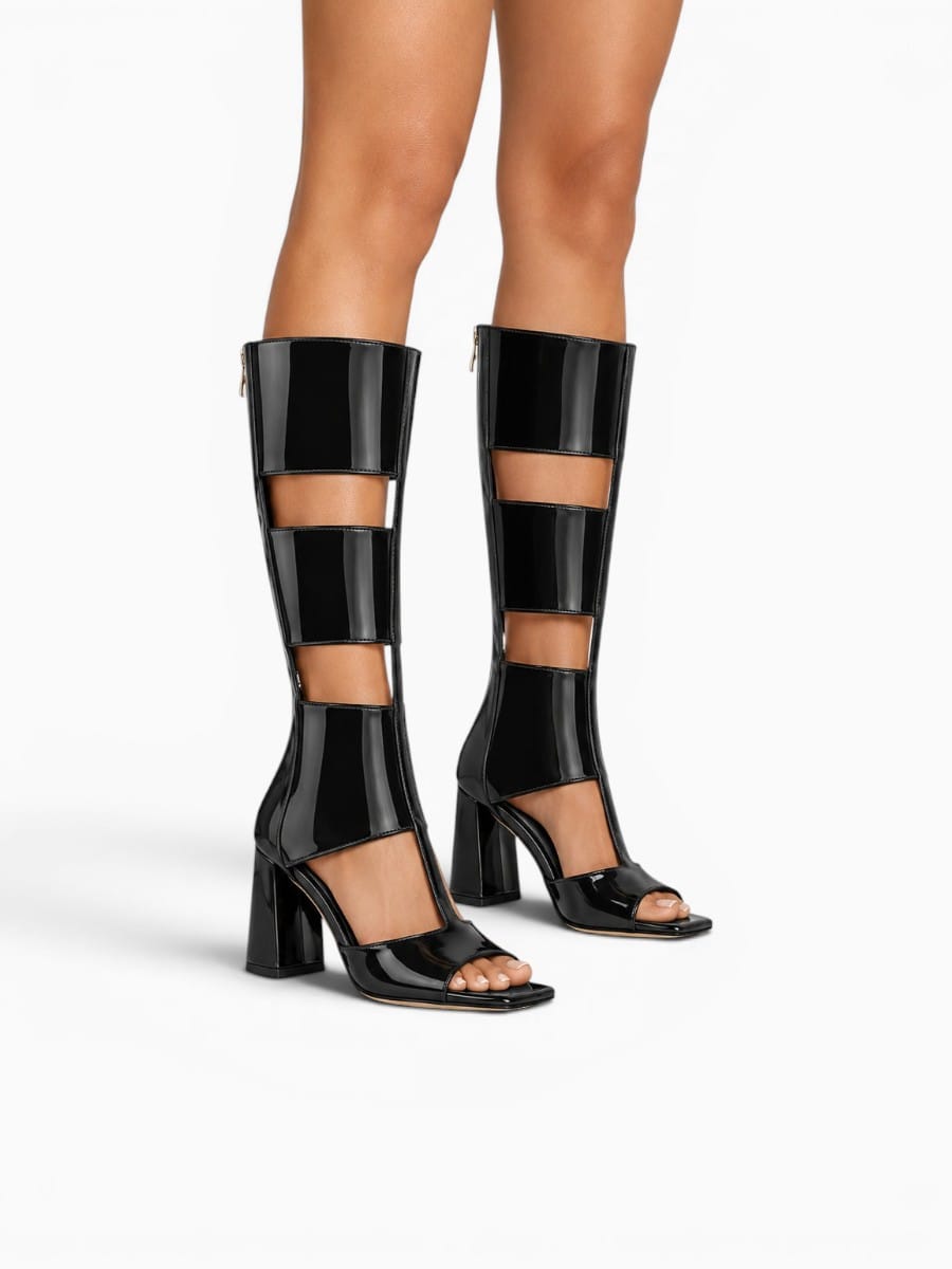 Amara Shoes Women Gladiator Knee High Open Toe Heeled Boots