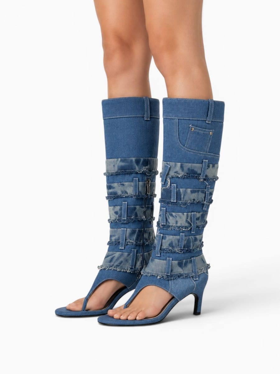 Amara Shoes Women Open Toe Knee High Heeled Sandal Boots