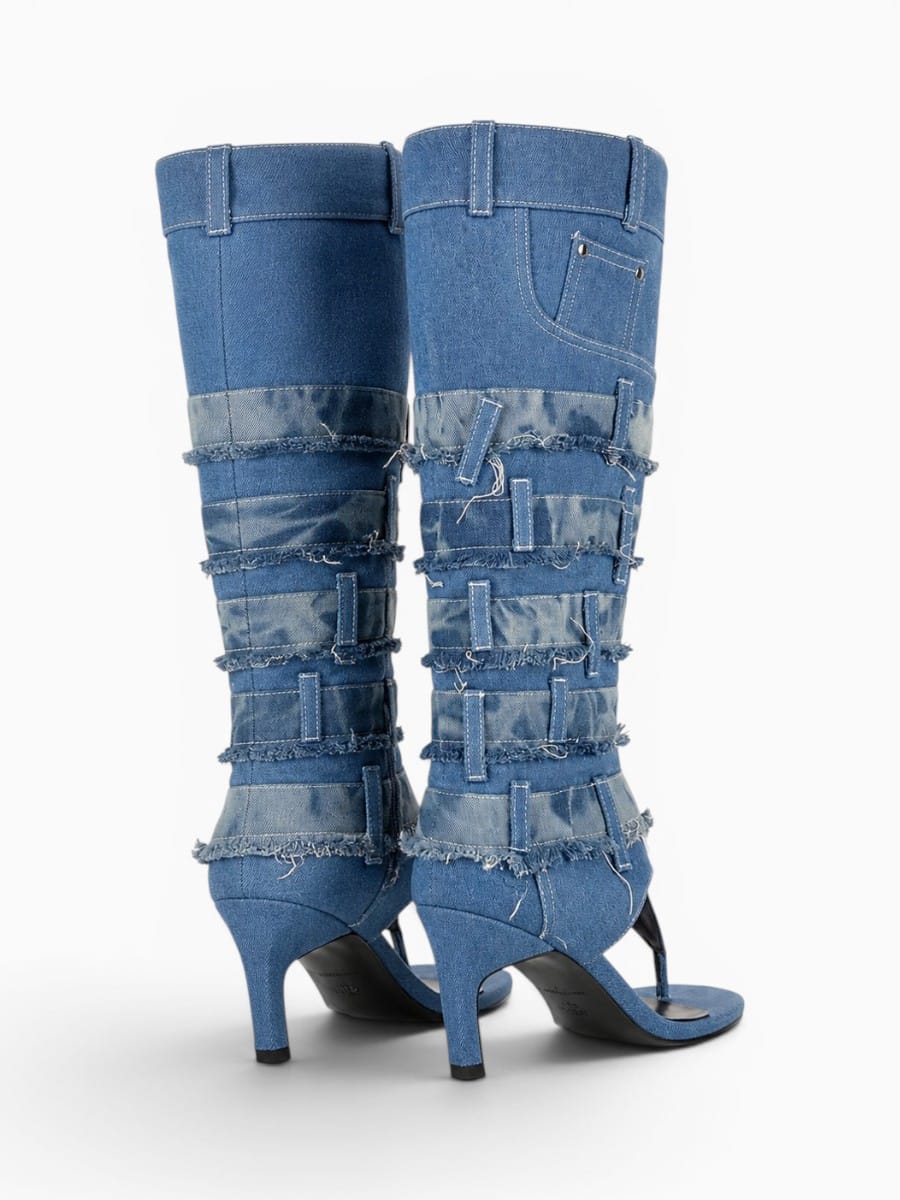 Amara Shoes Women Open Toe Knee High Heeled Sandal Boots