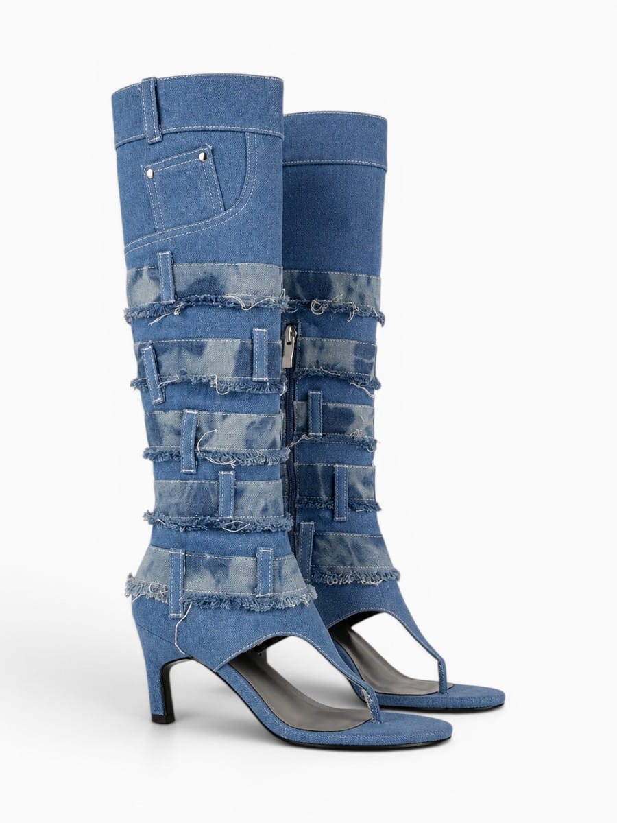 Amara Shoes Women Open Toe Knee High Heeled Sandal Boots