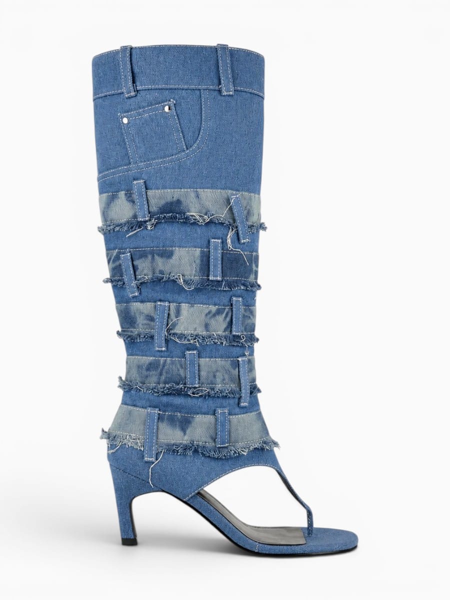 Amara Shoes Women Open Toe Knee High Heeled Sandal Boots