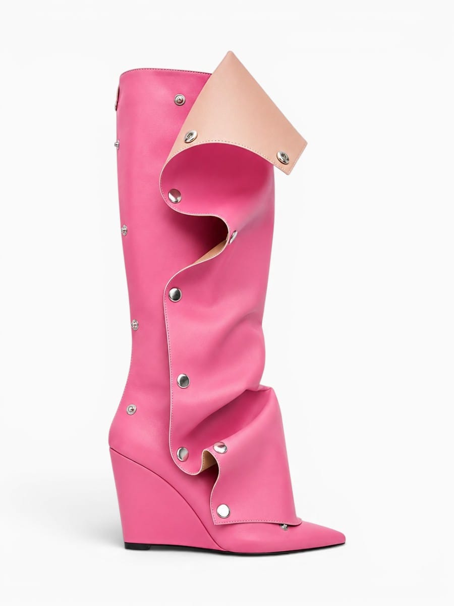 Amara Shoes Women Pointed Toe Pleated Wedge Knee High Boots