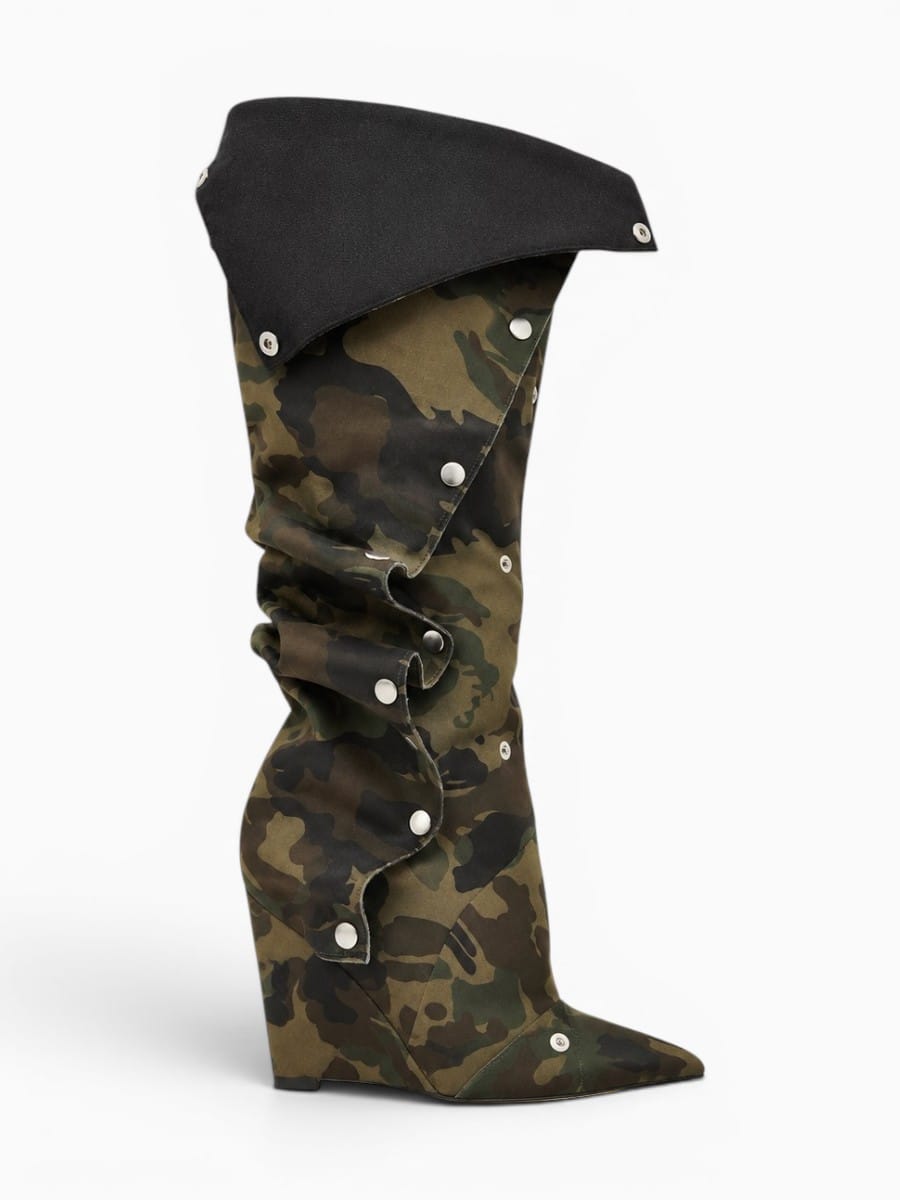 Amara Shoes Women Pointed Toe Pleated Wedge Knee High Boots