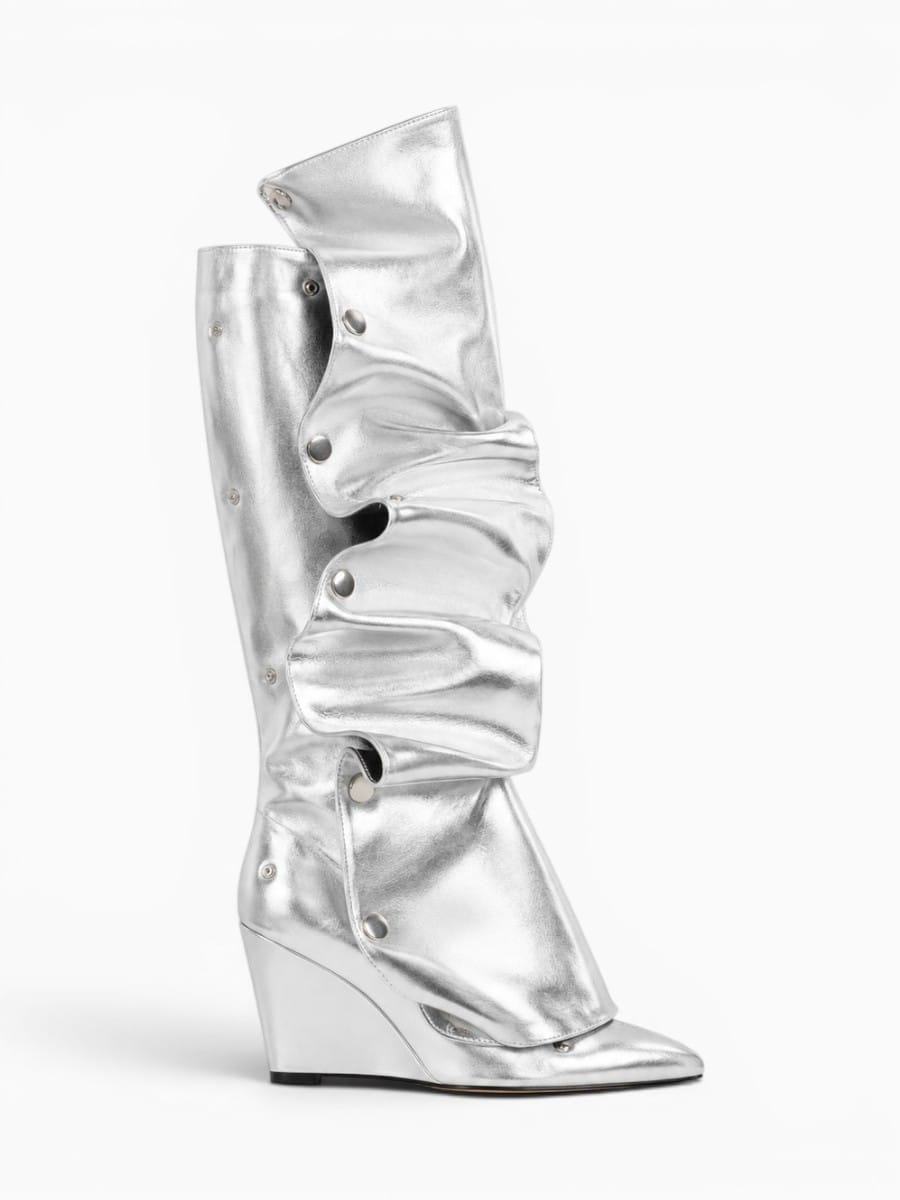 Amara Shoes Women Pointed Toe Pleated Wedge Knee High Boots