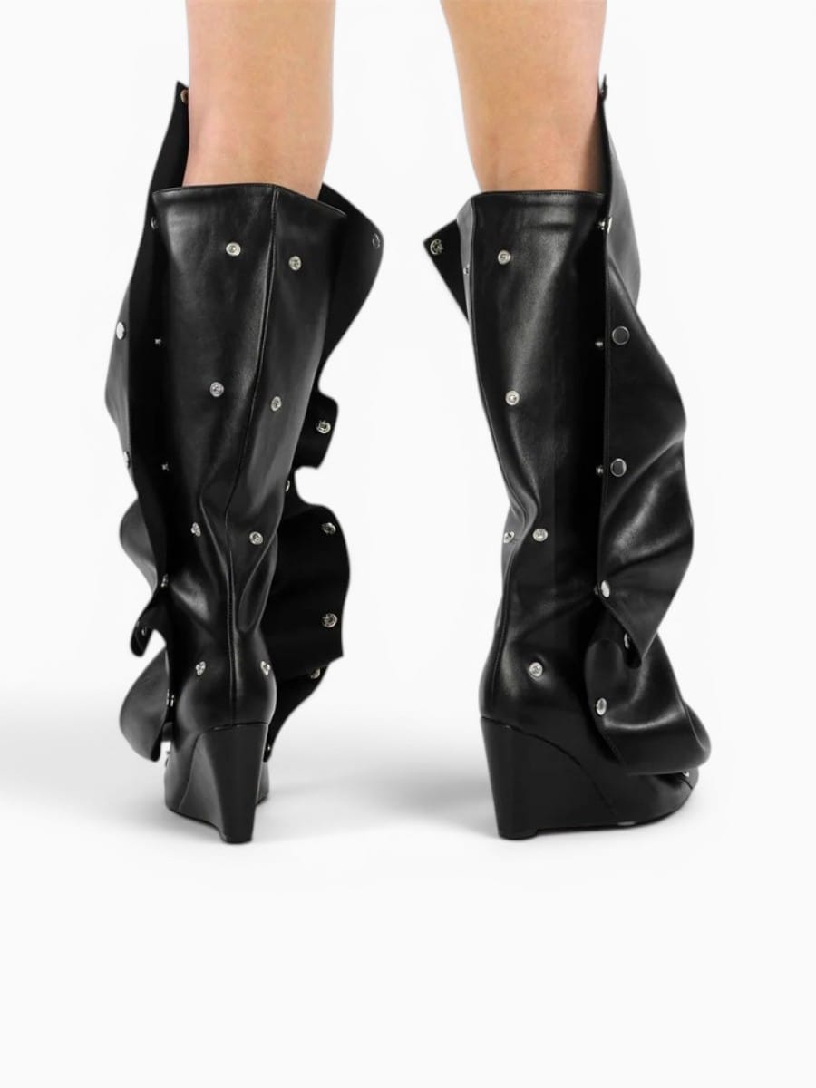 Amara Shoes Women Pointed Toe Pleated Wedge Knee High Boots