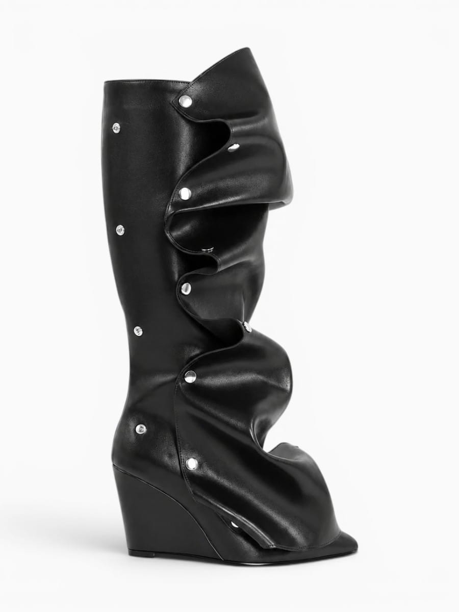 Amara Shoes Women Pointed Toe Pleated Wedge Knee High Boots