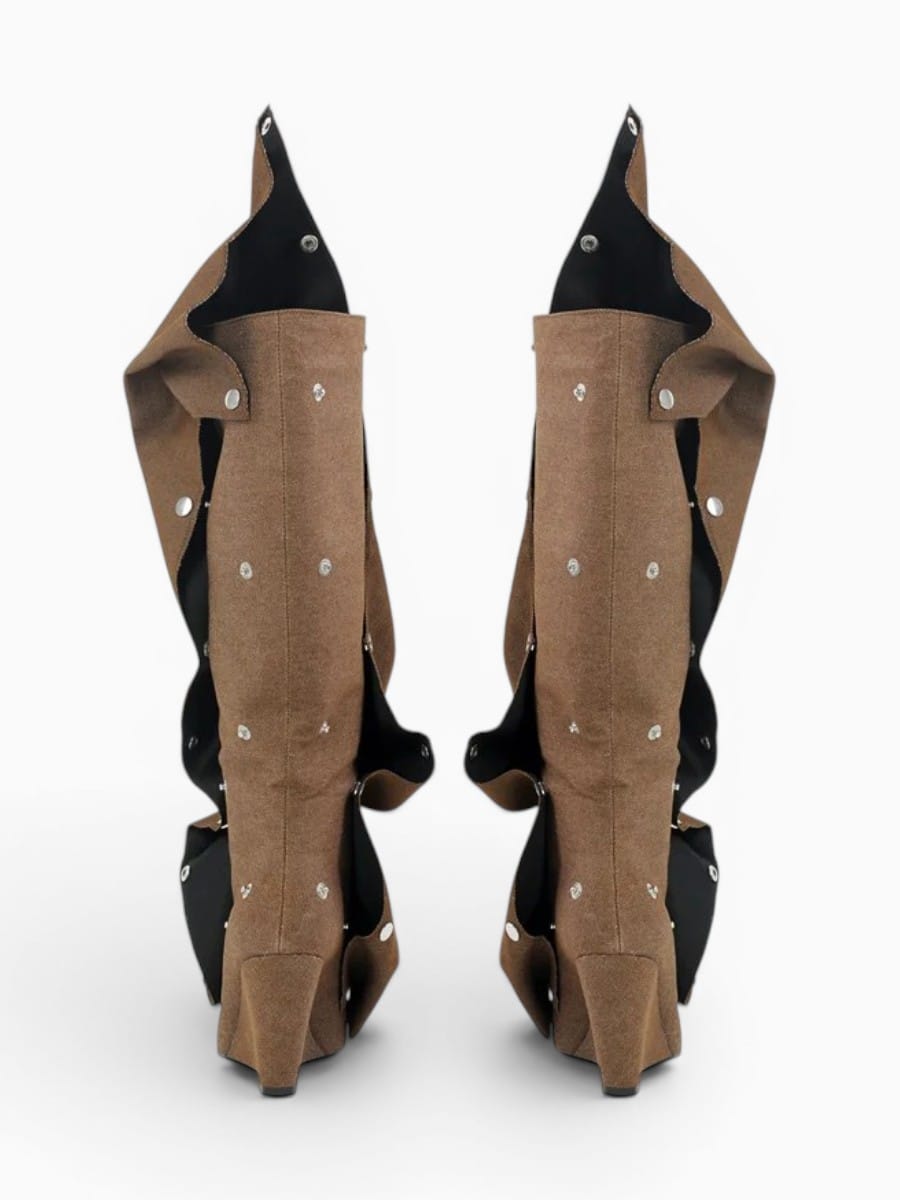Amara Shoes Women Pointed Toe Pleated Wedge Knee High Boots