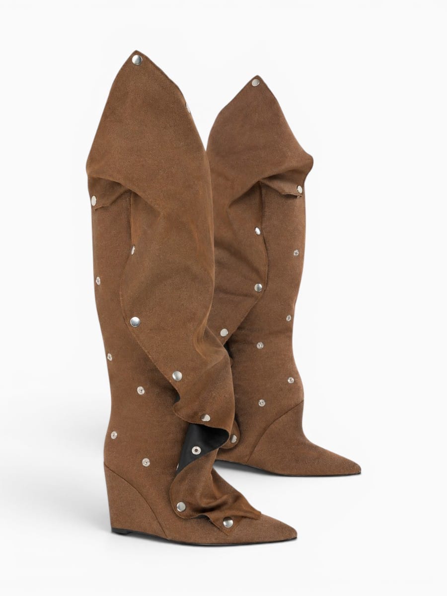Amara Shoes Women Pointed Toe Pleated Wedge Knee High Boots