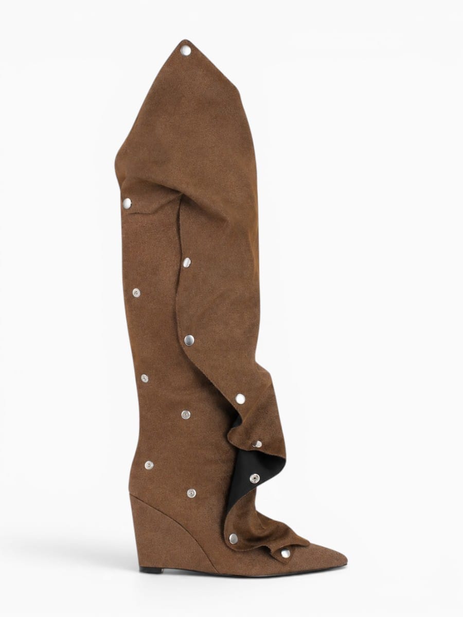 Amara Shoes Women Pointed Toe Pleated Wedge Knee High Boots