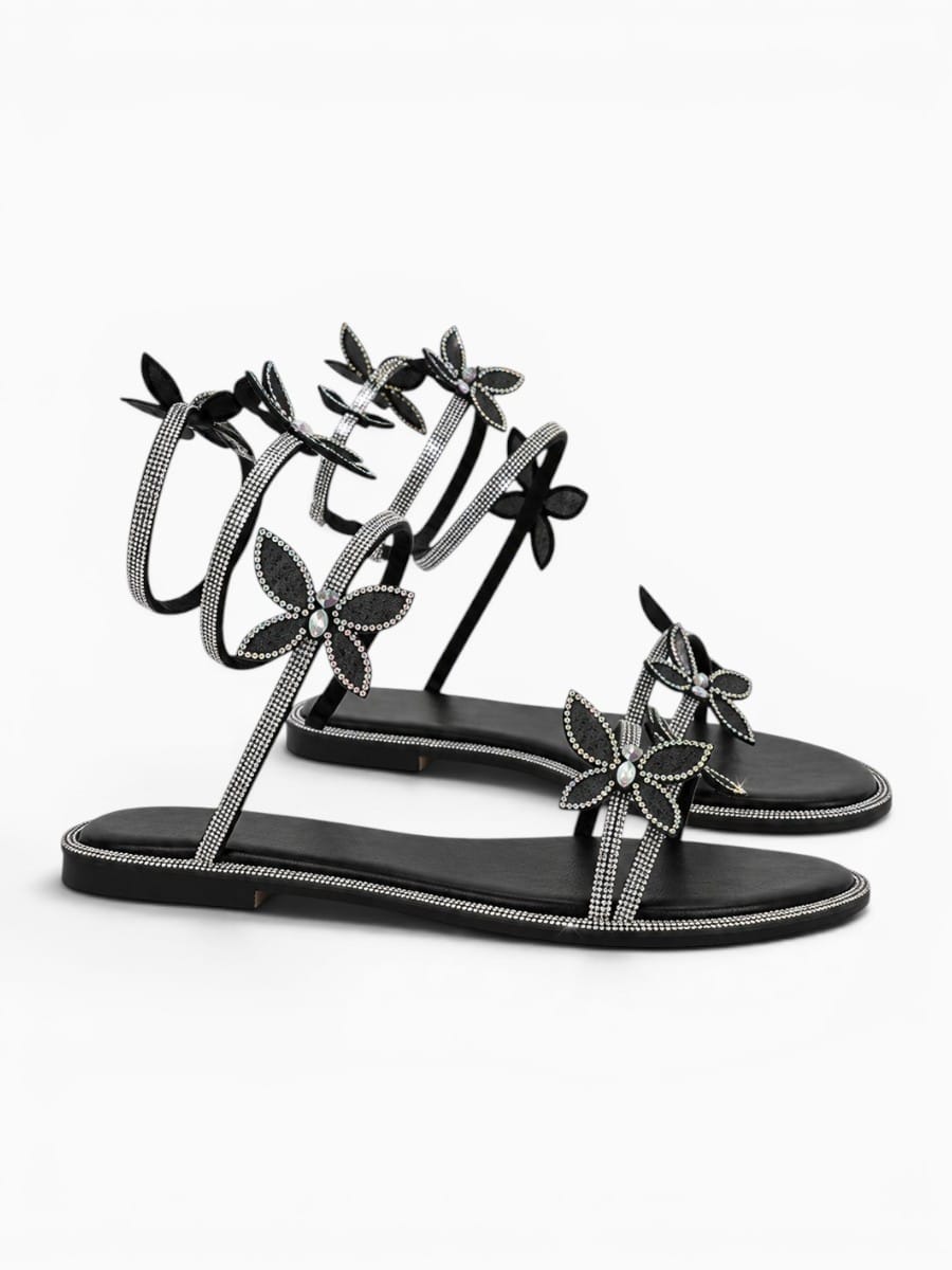 Amara Shoes Women Rhinestone Butterfly Ankle Strap Flat Sandals
