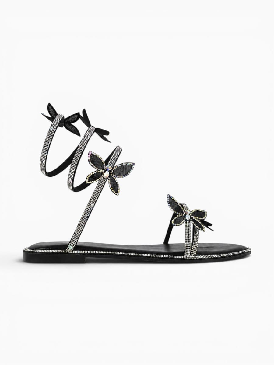 Amara Shoes Women Rhinestone Butterfly Ankle Strap Flat Sandals
