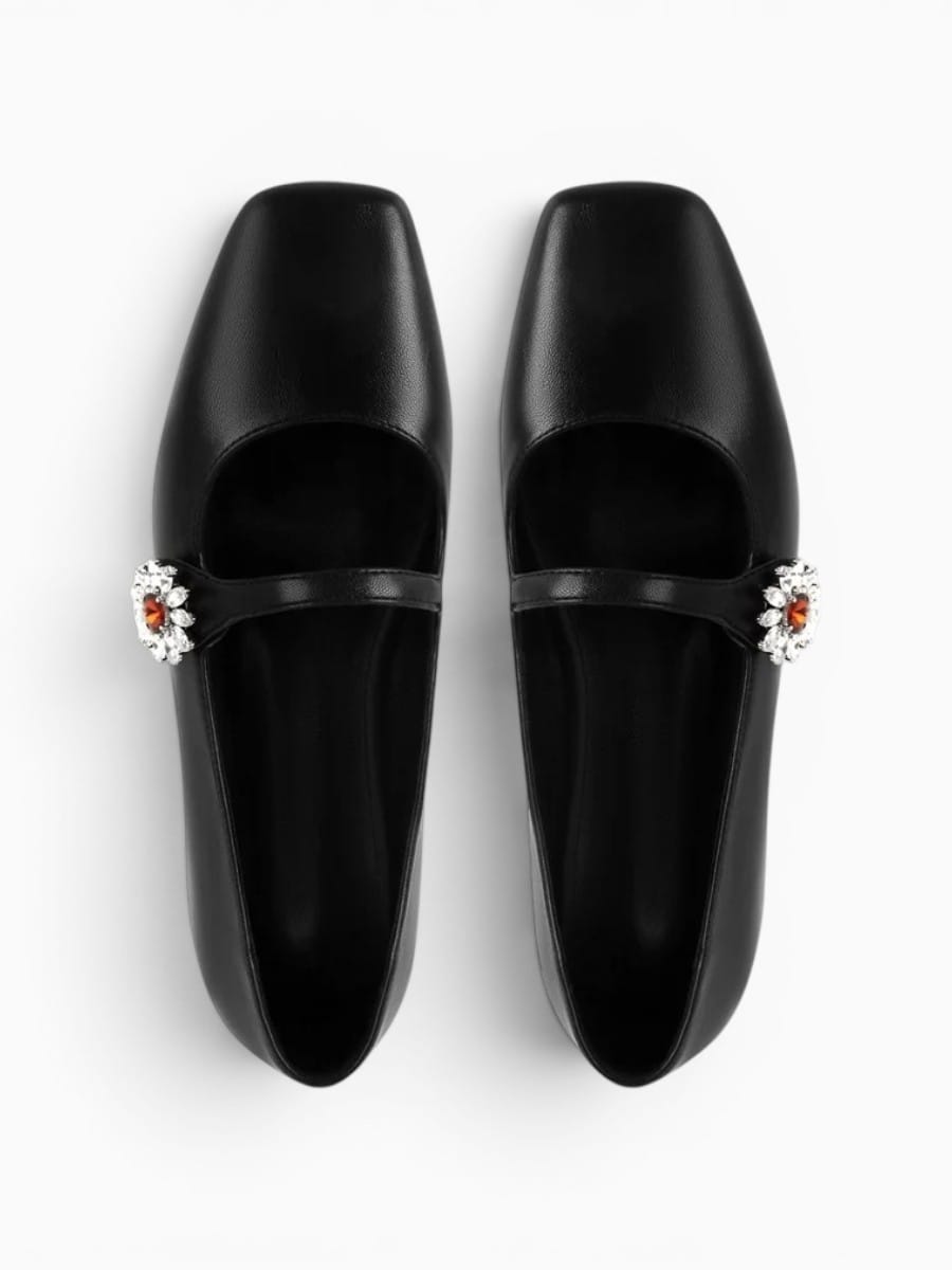 Amara Shoes Women Square Toe Strap Embellished Ballet Flats