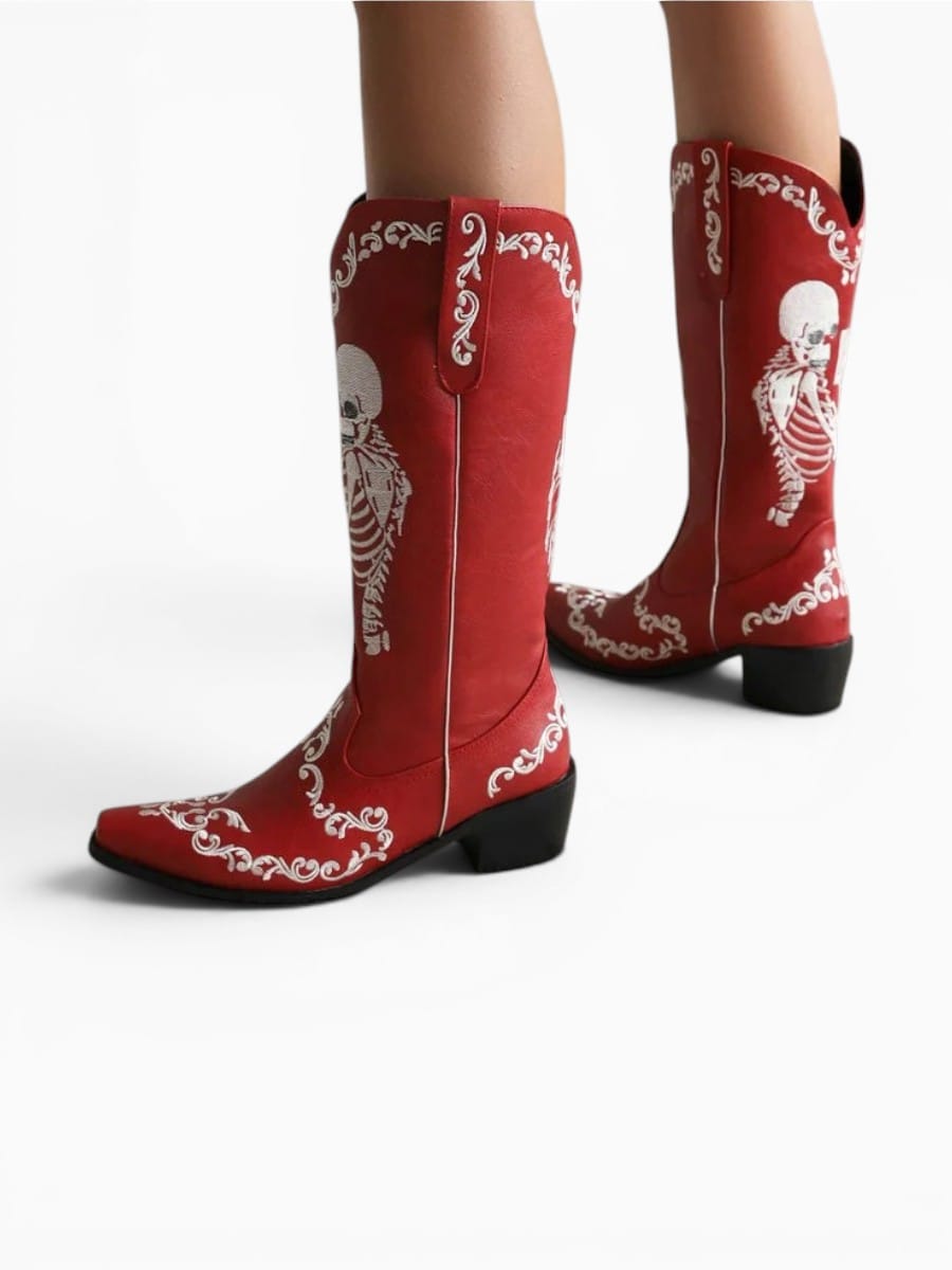 Amara Shoes Womens Skeleton Embroidery Western Cowboy Boots