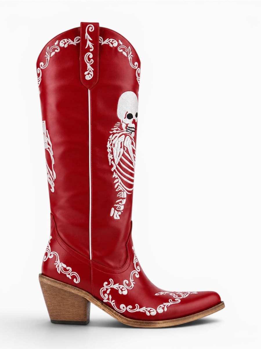 Amara Shoes Womens Skeleton Embroidery Western Cowboy Boots