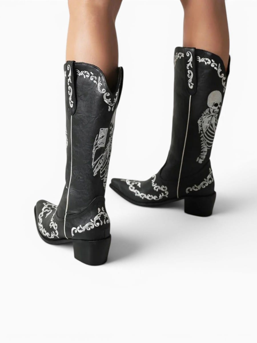 Amara Shoes Womens Skeleton Embroidery Western Cowboy Boots