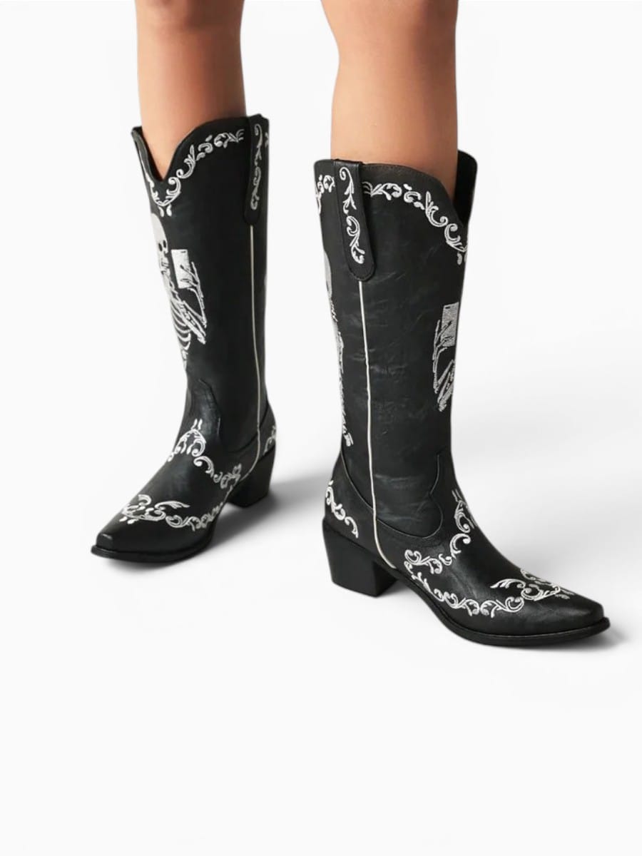 Amara Shoes Womens Skeleton Embroidery Western Cowboy Boots