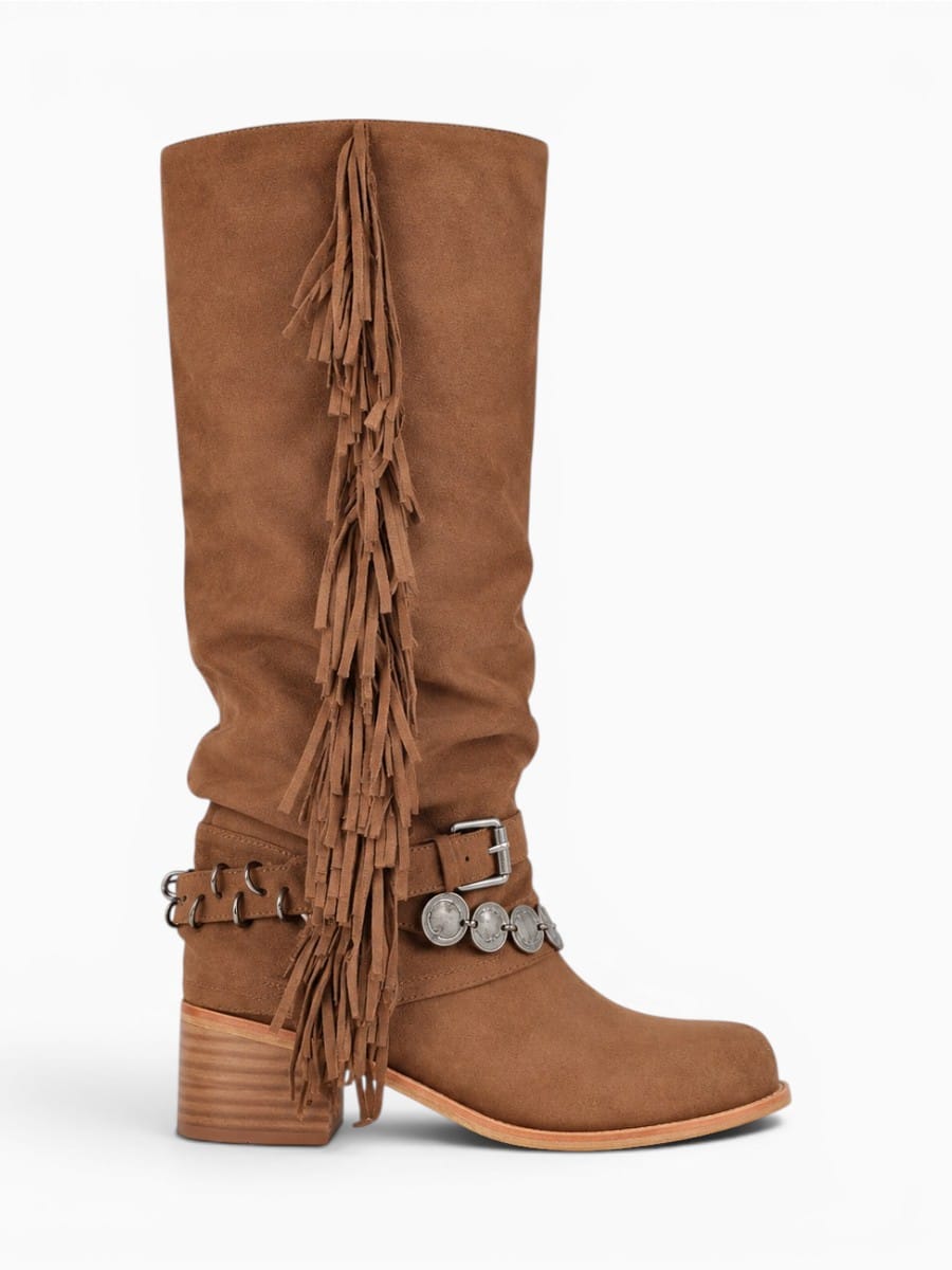 Amara Shoes Womens Western Fringe Fold Over Boots Round Toe