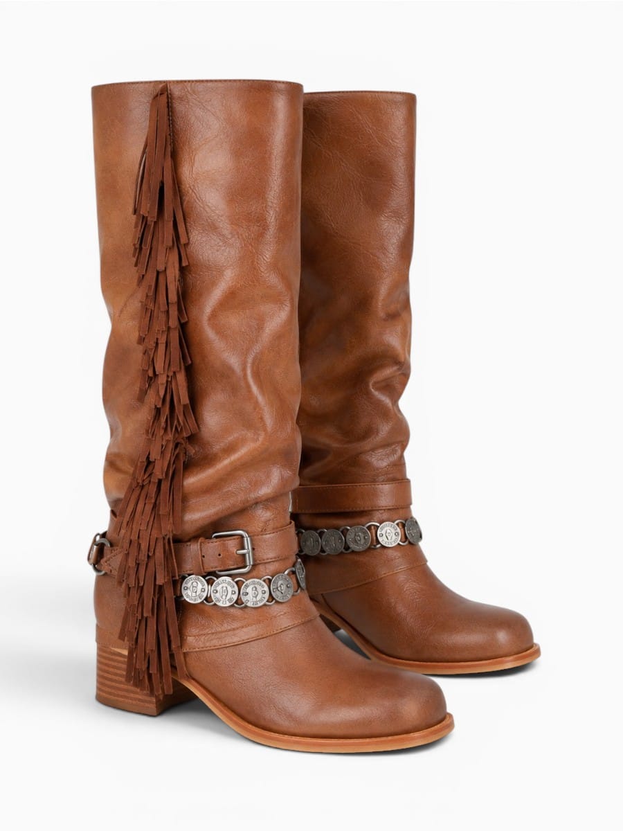 Amara Shoes Womens Western Fringe Fold Over Boots Round Toe
