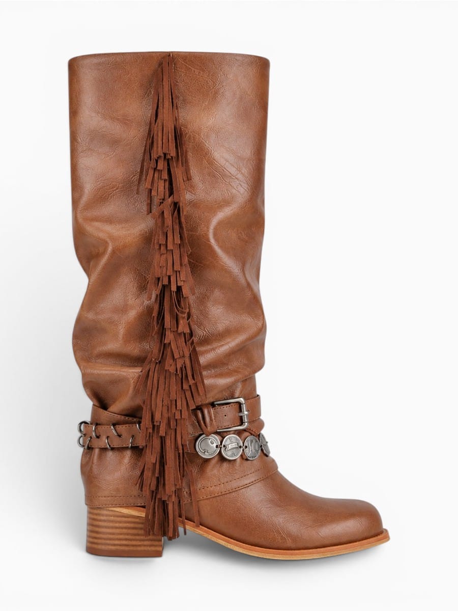 Amara Shoes Womens Western Fringe Fold Over Boots Round Toe