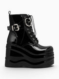 Amara Shoes Wedge Platform Bootie Round Toe Lace Belt Buckle