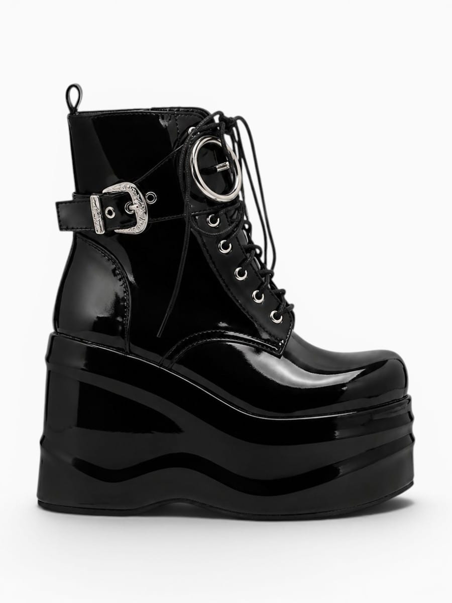 Amara Shoes Wedge Platform Bootie Round Toe Lace Belt Buckle