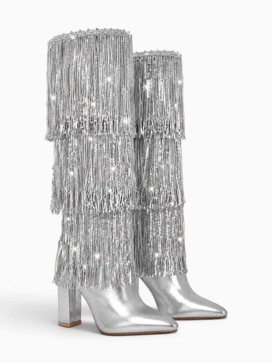 Amara Shoes Sequin Fringe Knee High Boots